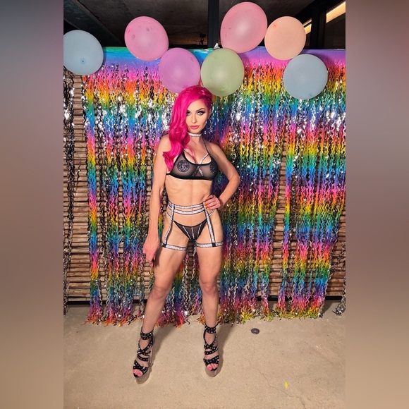 Black Vinyl Mesh Rhinestone Lingerie Set 4 Pieces, XS Custom - Picture 3 of 13